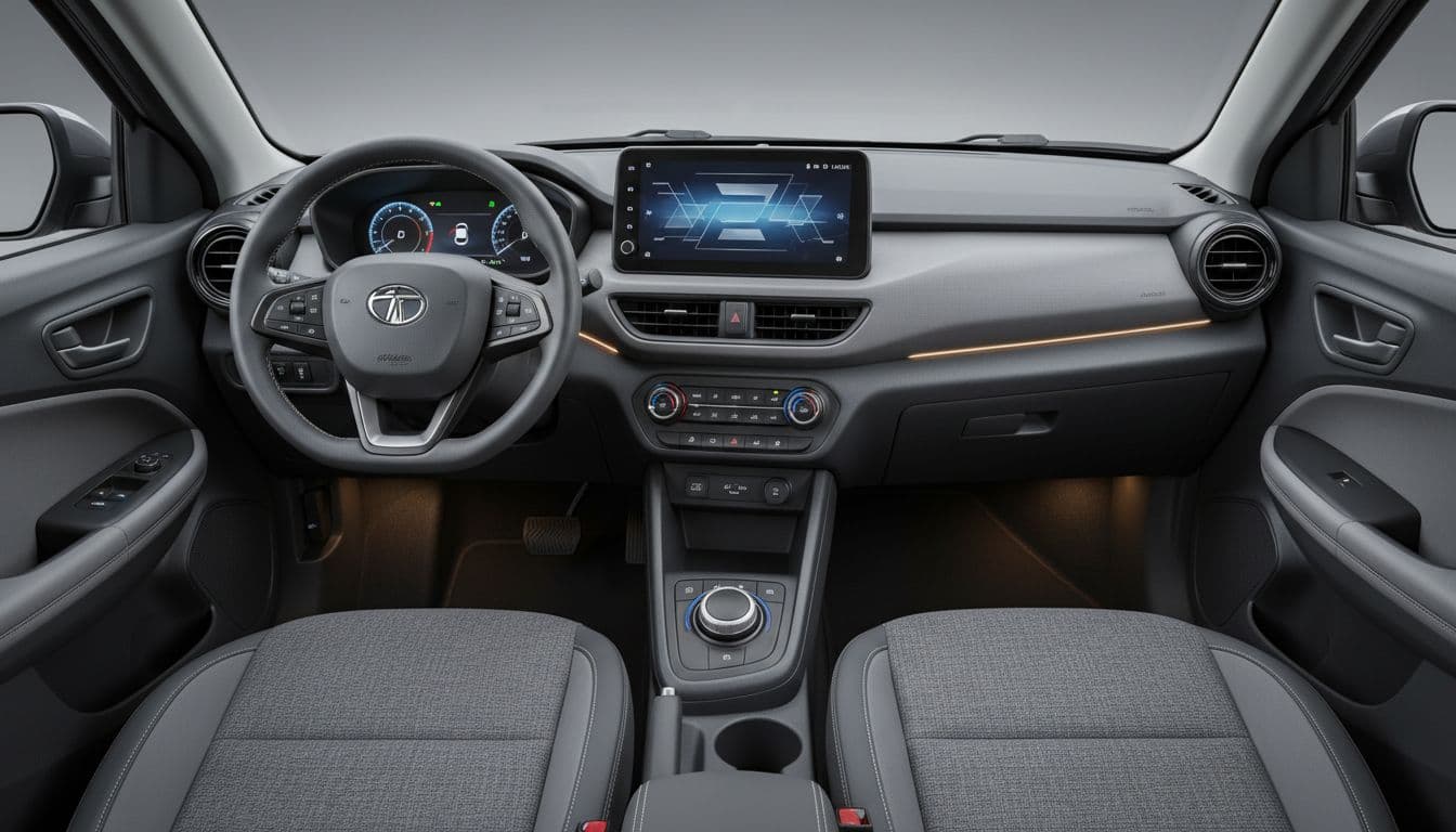 Front passenger view of Tata Punch EV interior showcasing dashboard with 10-inch touchscreen, digital instrument cluster, center console drive mode selector, gray seats, and soft lighting in an empty car.