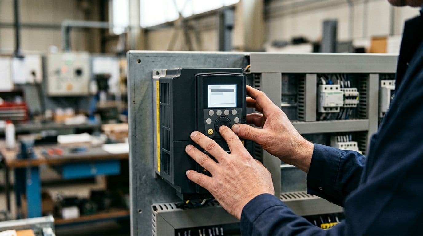 Close-up of a technician's relaxed hands adjusting settings on a Schneider Electric ATV600 drive keypad in a workshop, with the screen displaying menu navigation to the input filter function.