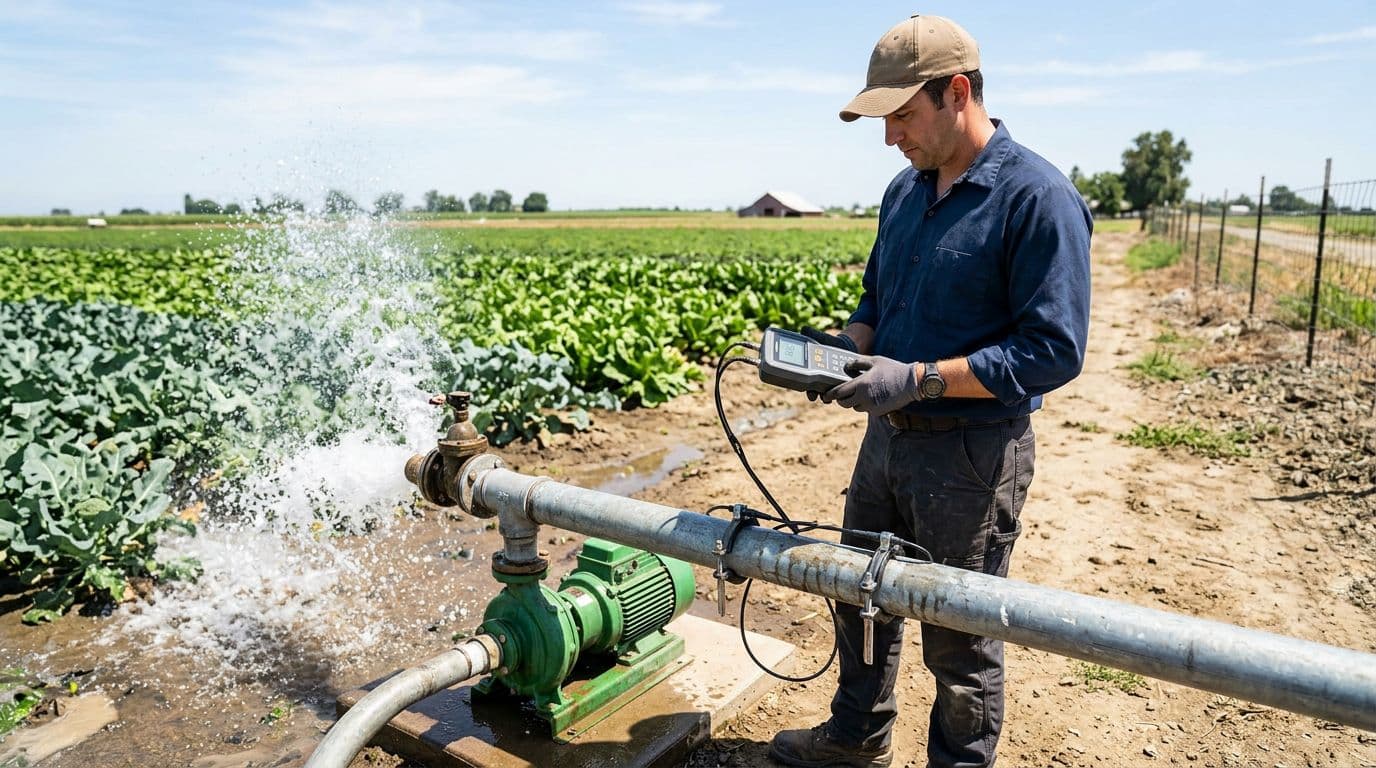 A technician uses a handheld portable flow meter clamped on a pump discharge pipe to measure water flow rate in a sunny outdoor farm setting, with water spraying nearby.