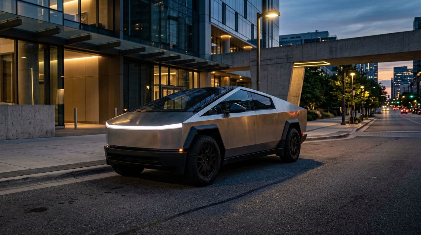 Photorealistic stainless steel Tesla Cybertruck dual motor AWD parked in an urban setting at dusk, with angular design highlighted by subtle panel glow. Wide landscape shot featuring exactly one truck, no people, text, or logos, content filling all edges.