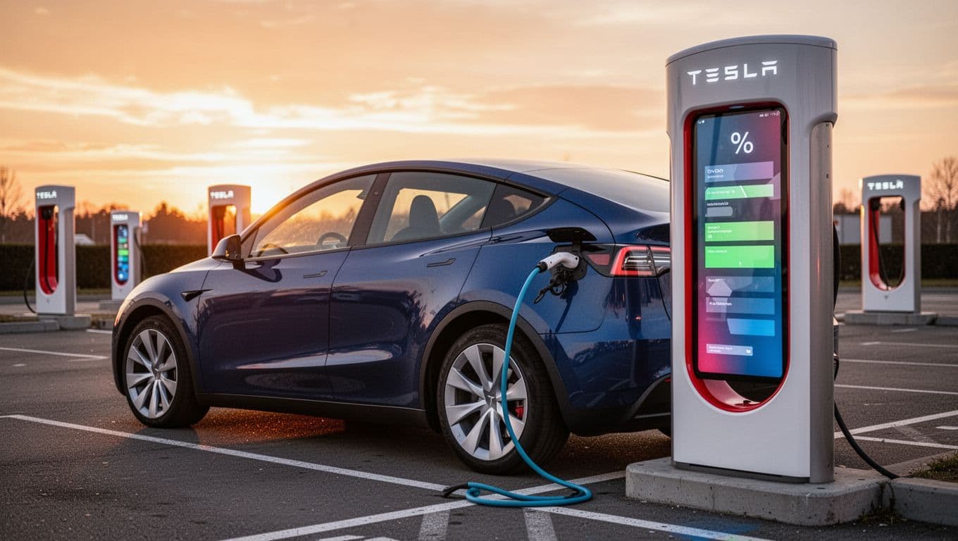 A Tesla Model Y electric SUV parked and charging at a Tesla Supercharger station during golden hour sunset, with cable connected to the right rear side and high detail on reflections.