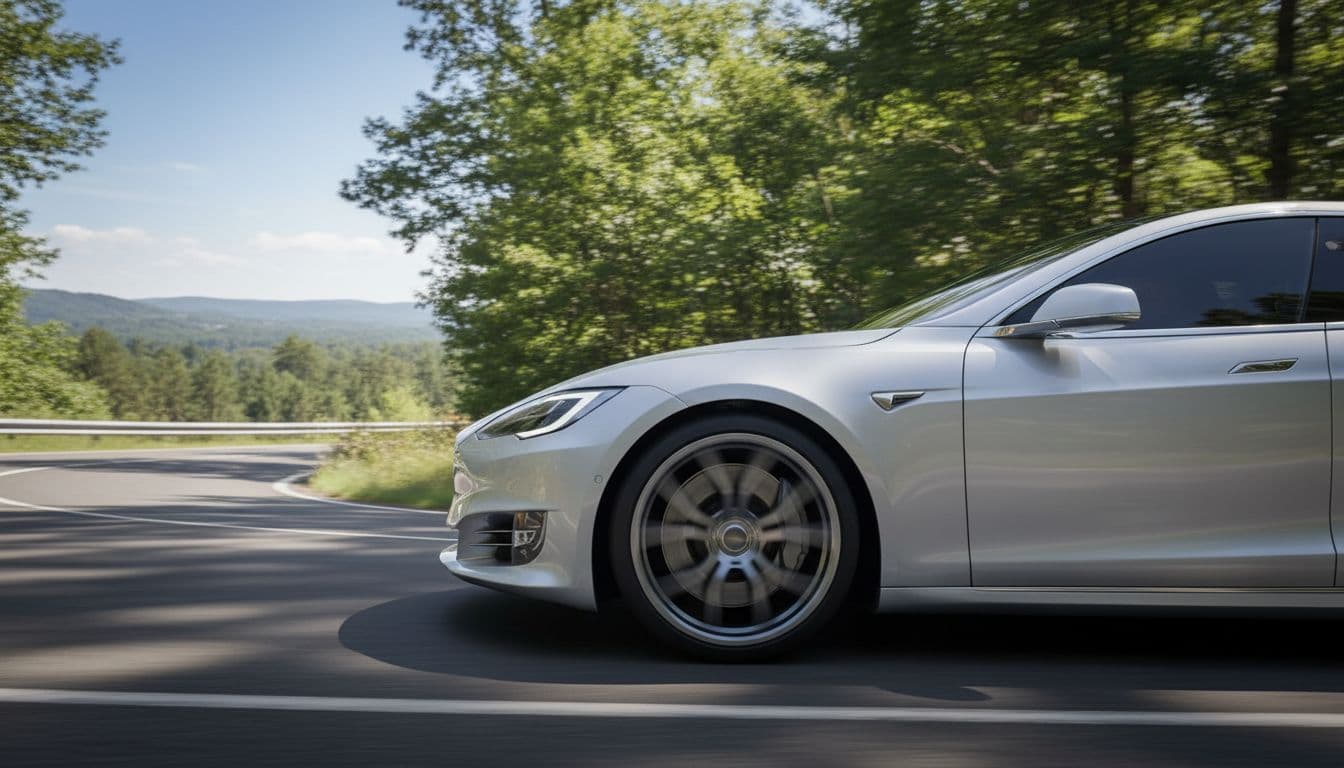 Dynamic side-angle action shot of a Tesla car on a winding road featuring Munro Delta Signature wheels in motion, scenic trees and asphalt background, bright daylight focusing on wheel details and handling.