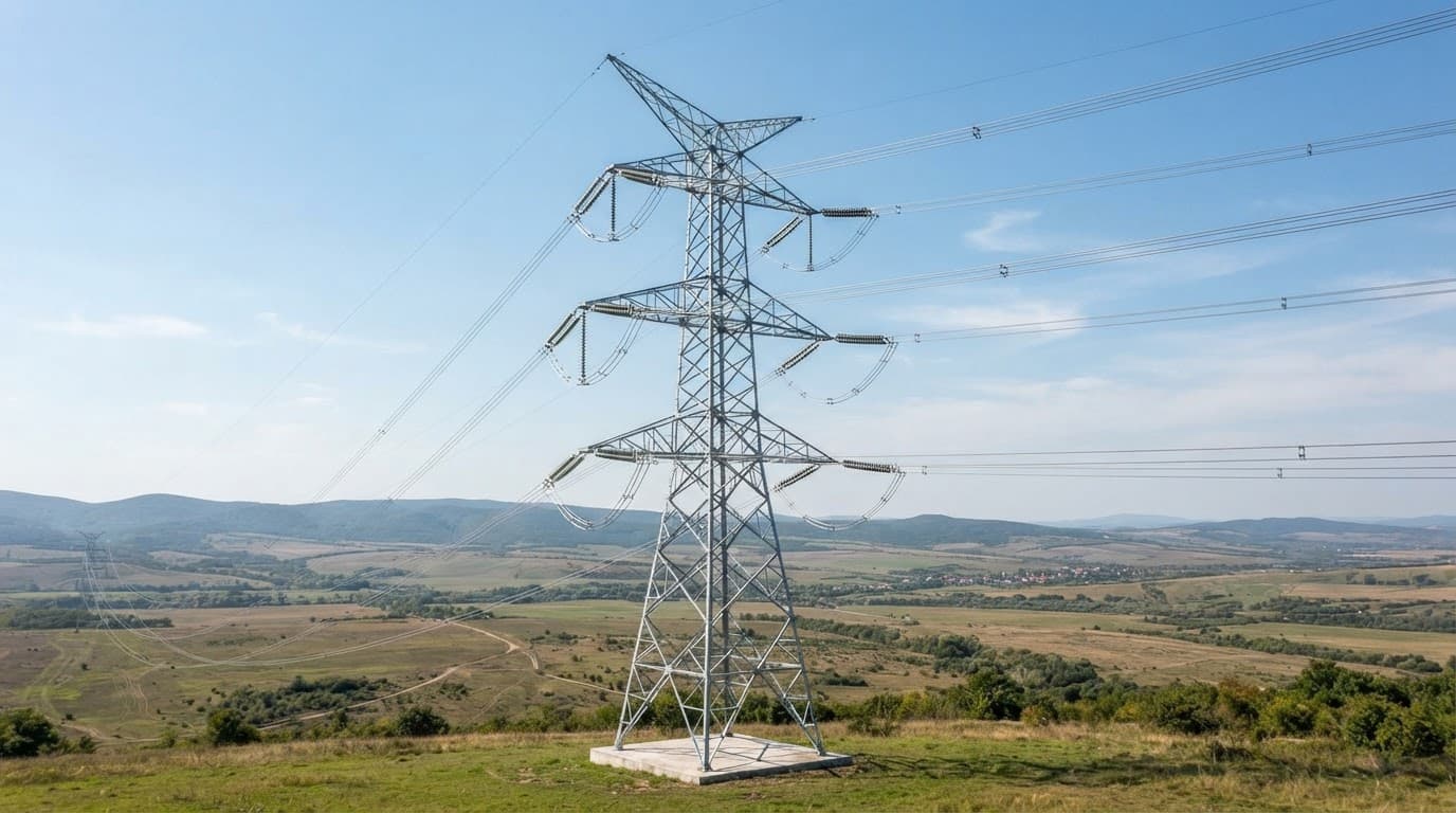 Tower carrying three phases of separated bundled conductors over a wide landscape.