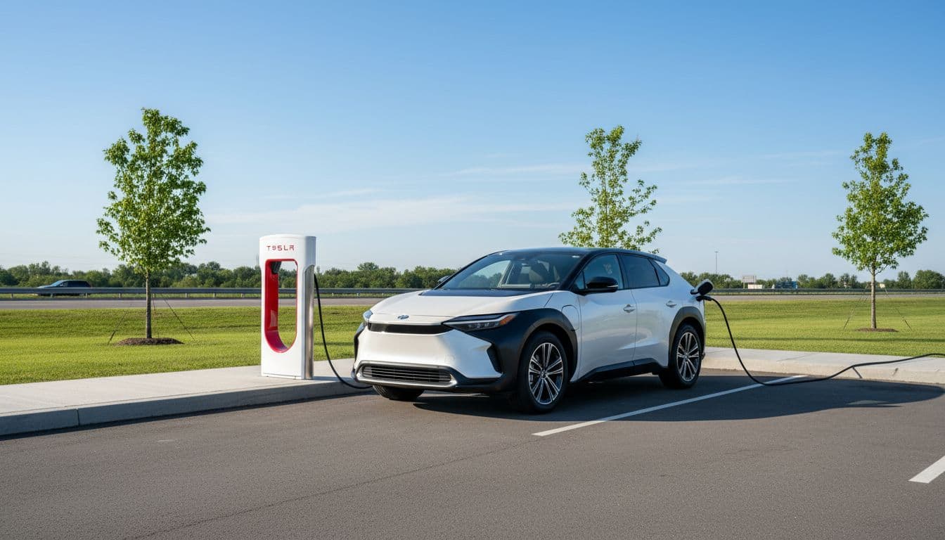 A Toyota EV resembling bZ or C-HR model plugged into a Tesla Supercharger station via NACS cable at a modern highway rest area. Photorealistic daytime scene with clear blue sky, focusing on charging convenience, no people, text, or logos.