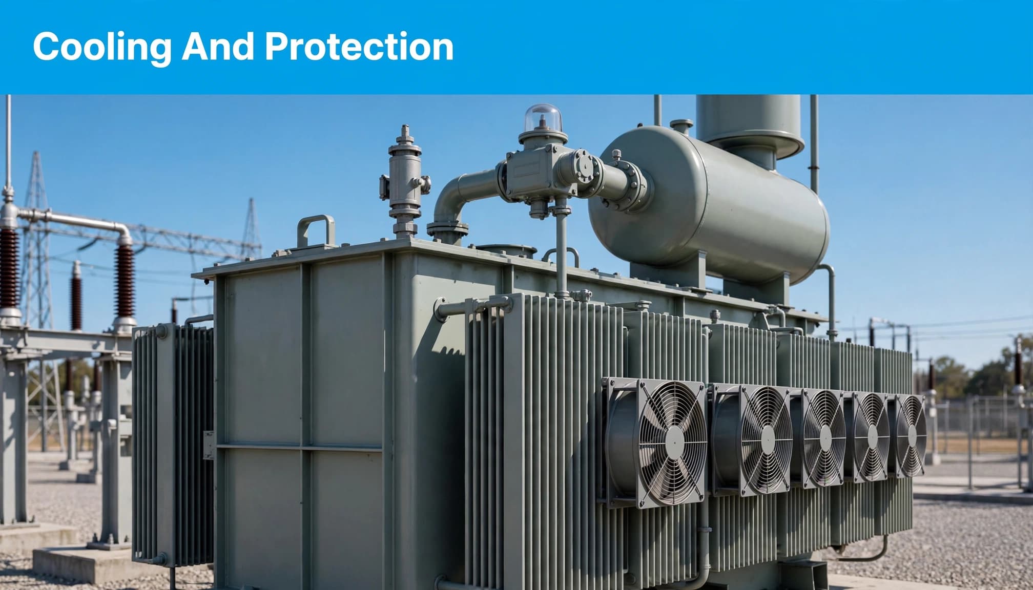 An outdoor transformer with radiator panels, cooling fans, and protection devices beneath a blue headline strip.