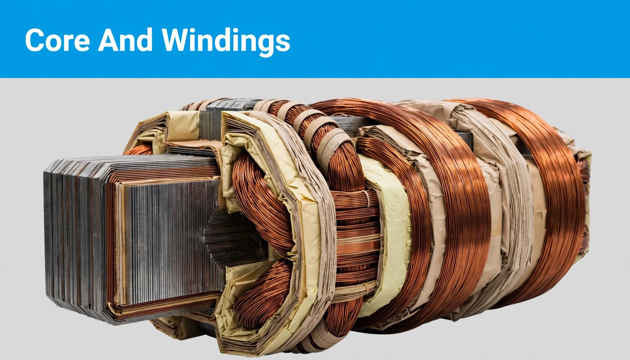 A transformer core with copper windings and visible insulating paper layers beneath a blue headline strip.