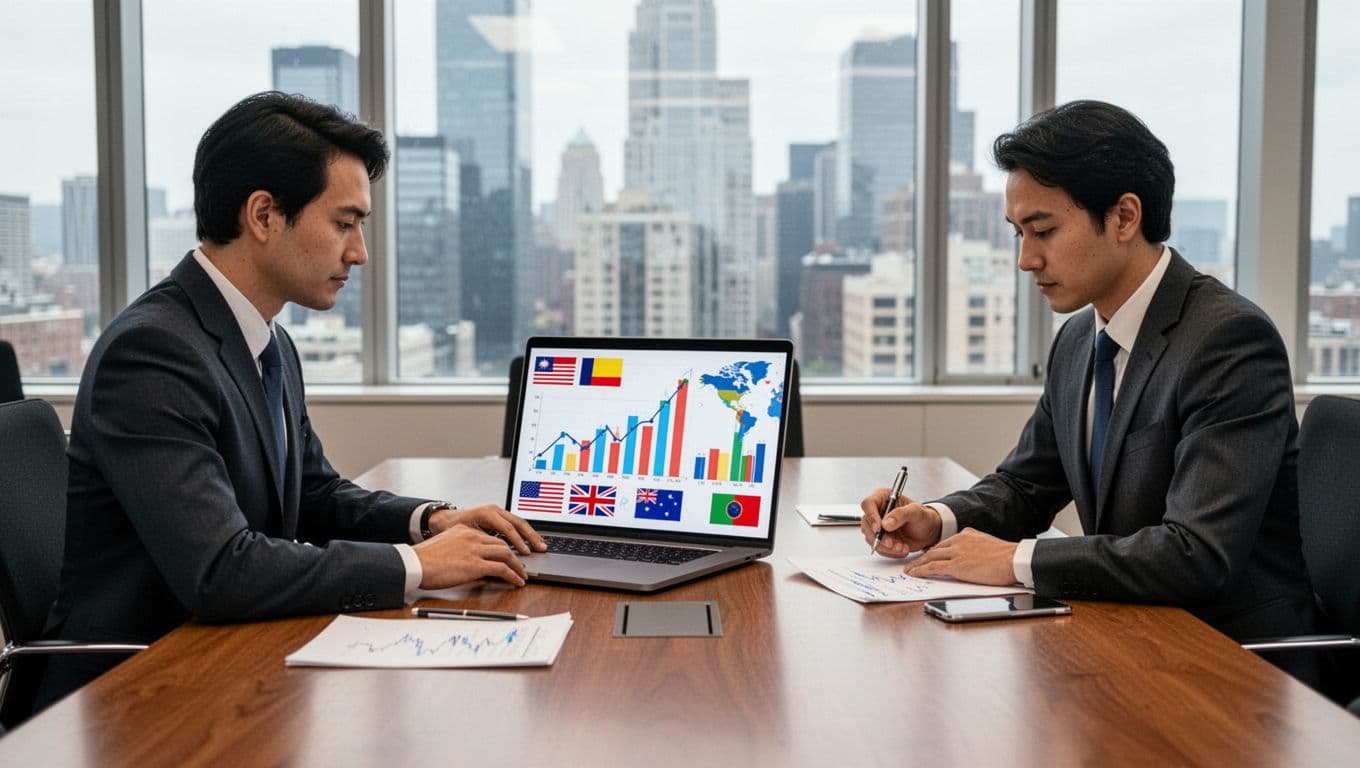 Two business professionals collaborate at a conference table in a modern office; one views abstract price charts and regional flags on a laptop, the other takes notes on paper, with natural window lighting and a city view background.