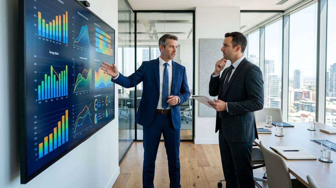 Two male business executives in modern suits stand in a bright conference room, collaboratively discussing a large digital screen displaying charts on energy consumption and emissions reduction, with natural daylight.