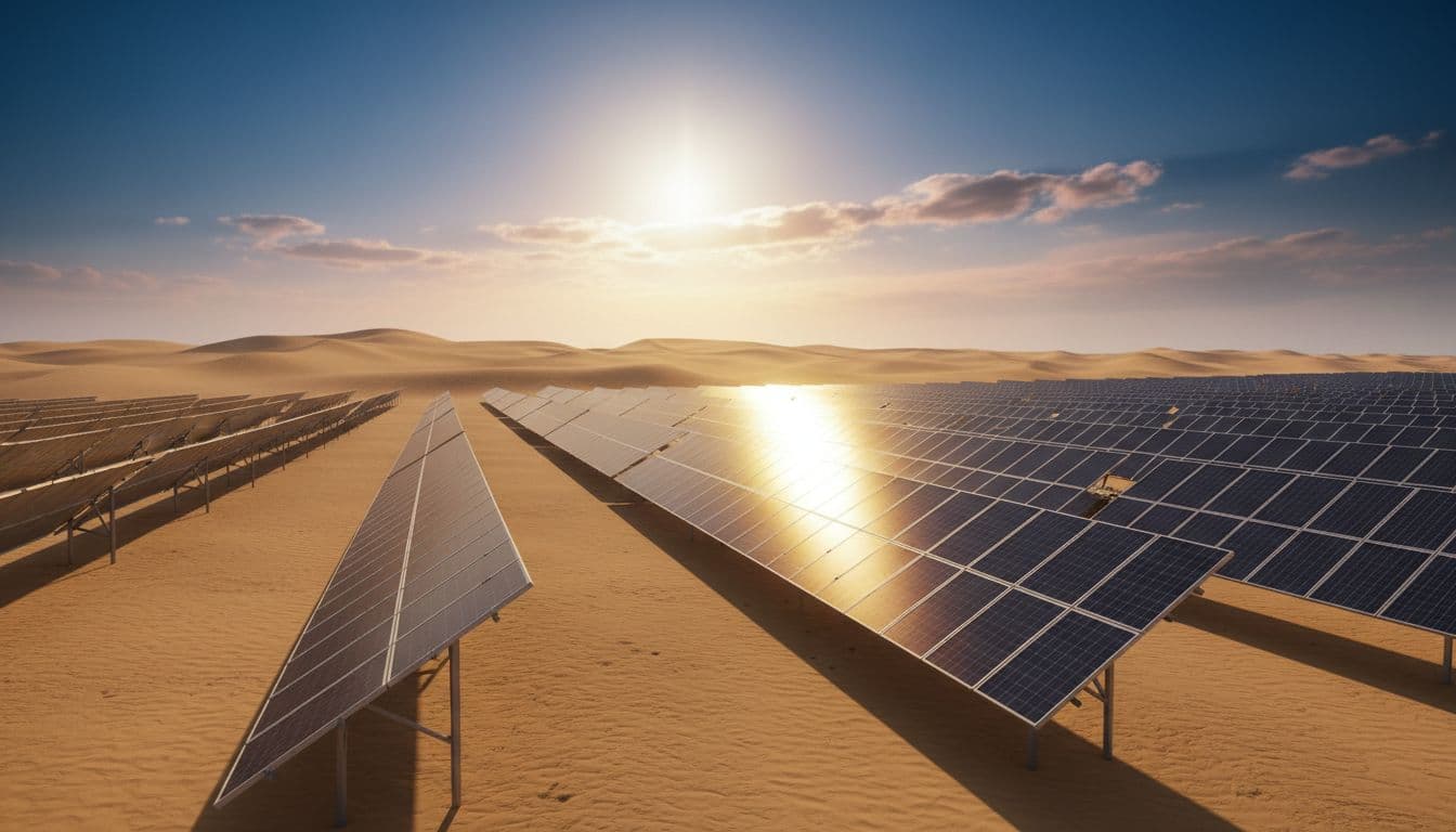 Bright desert sun shining over endless rows of solar panels in UAE landscape, golden sand dunes fading into horizon, captured in photorealistic golden hour lighting.
