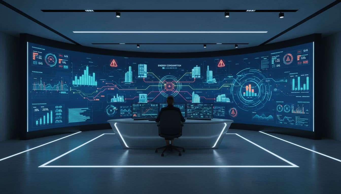 Modern control room with large digital dashboard showing energy graphs, alerts, and metrics; one operator views screen.
