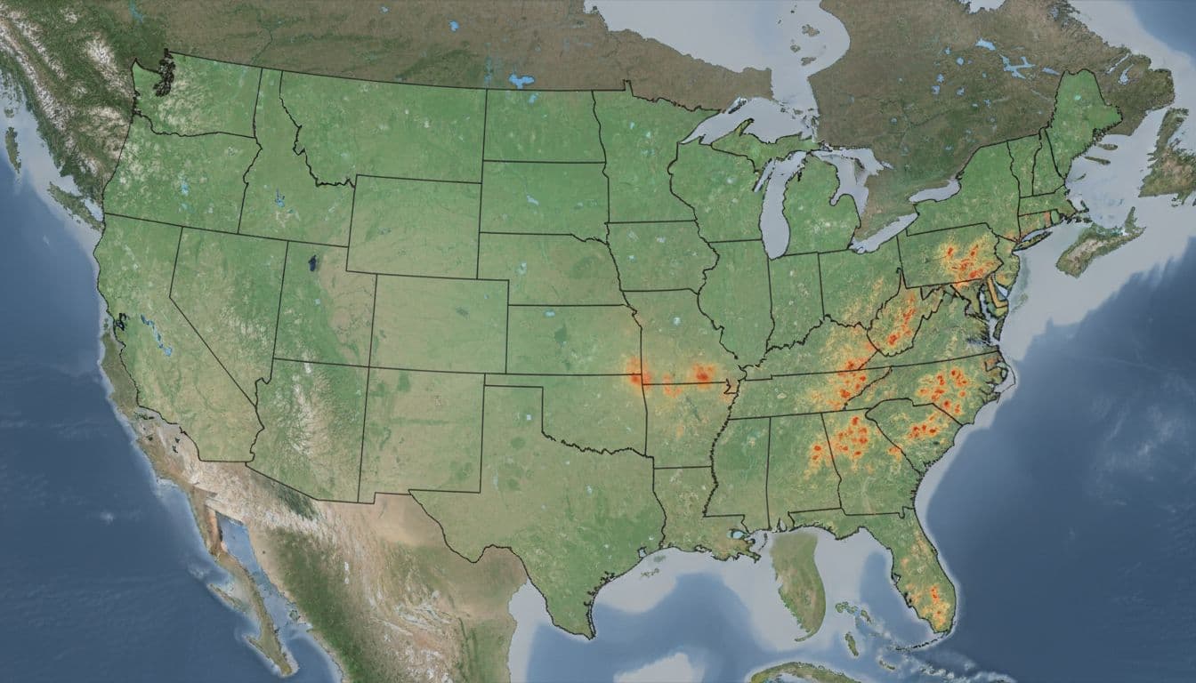 Photorealistic satellite view of the United States featuring a subtle heatmap overlay: green zones indicate strong power capacity, orange shows constrained areas, seamlessly blended with realistic terrain under a clear daytime sky.
