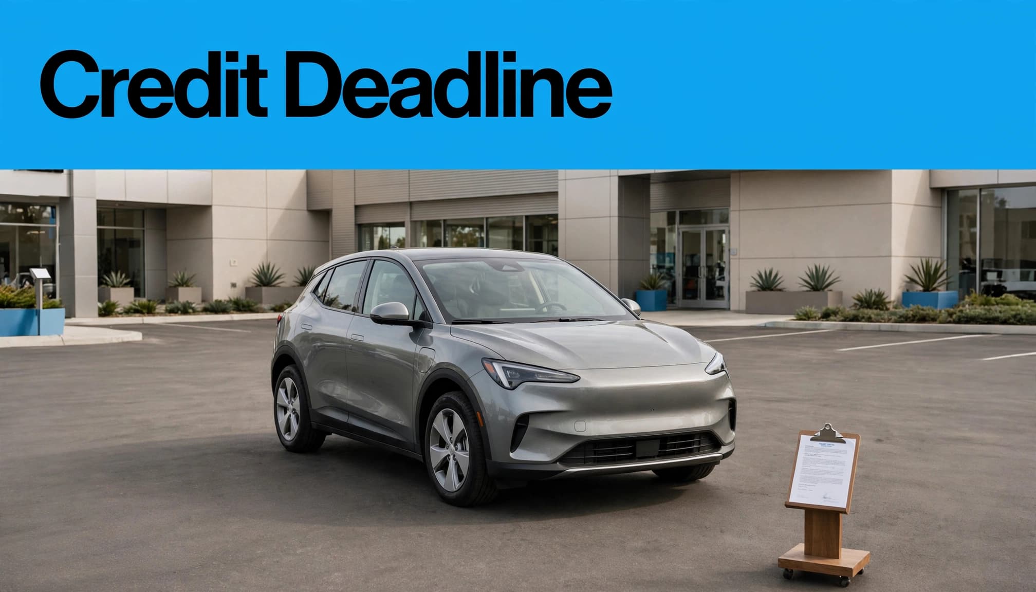 A used electric vehicle sits at a dealership beside a paper purchase contract.