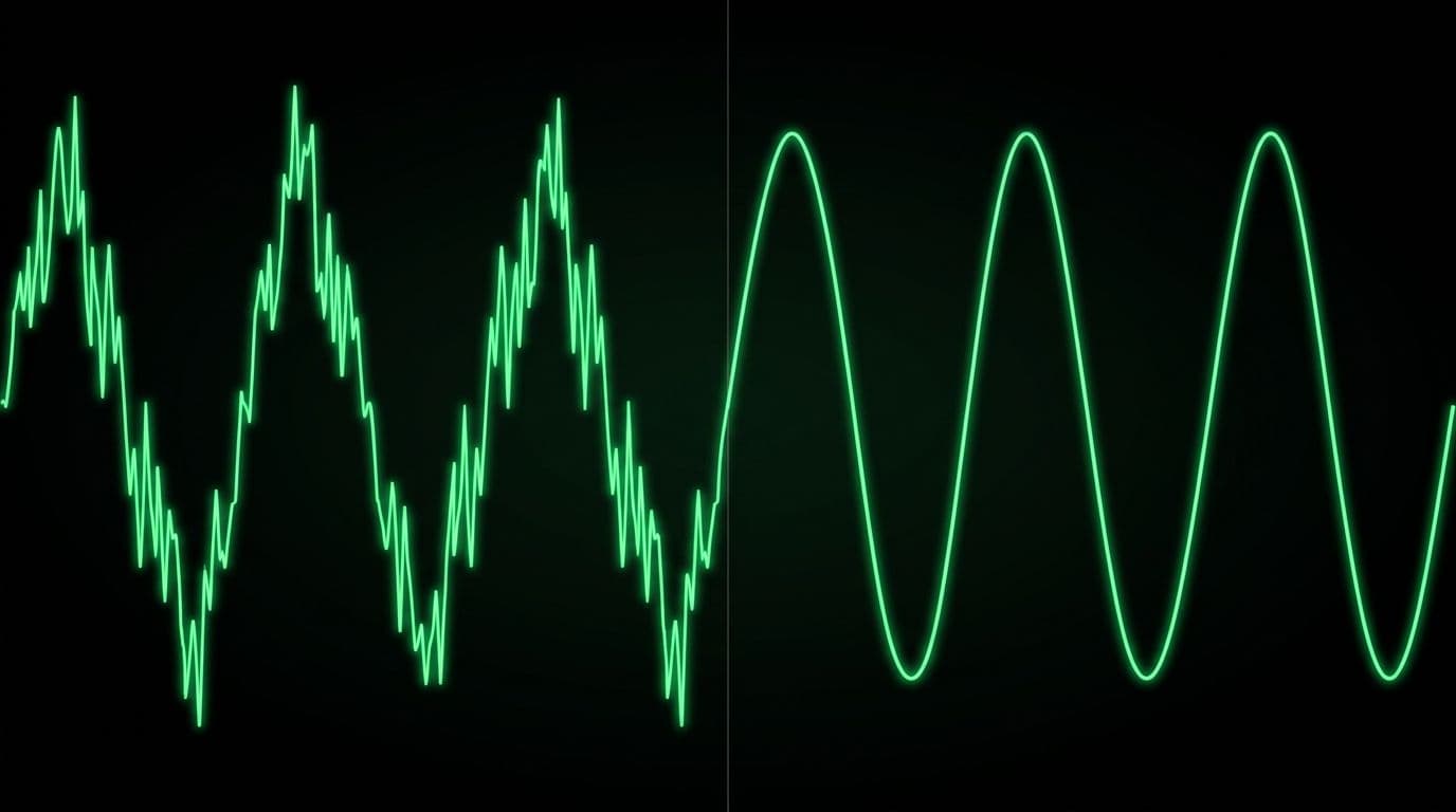 Split view illustration: left side shows distorted input current waveform from VFD at 40% THDi without filter, right side displays clean sinusoidal waveform at 4% THDi with passive filter, in oscilloscope-style on black background.