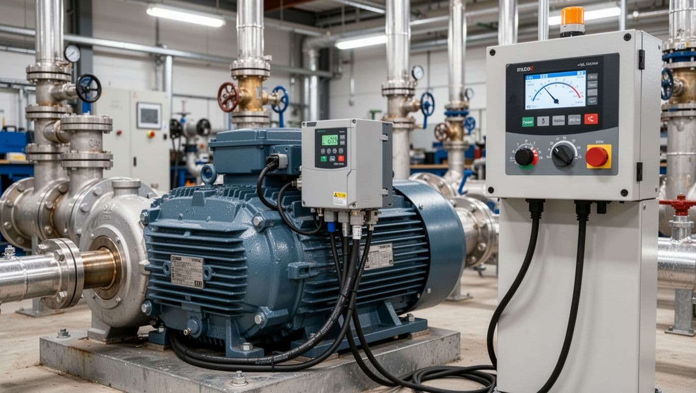 Close-up photorealistic view of a VFD installed on an electric motor powering a centrifugal pump in a clean factory environment, with control panel, pipes, and valves in the background under bright lighting.