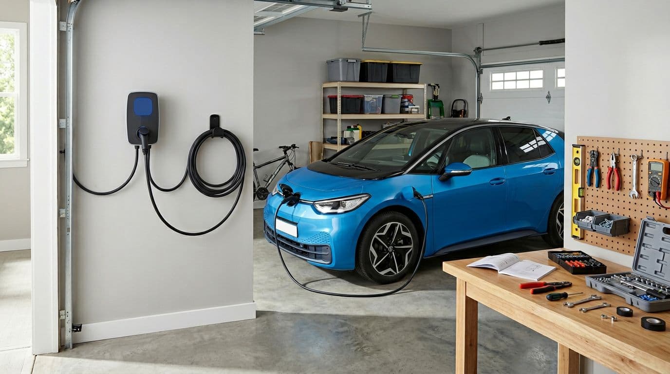 Wall-mounted Level 2 EV charger in a home garage charging a blue electric car, cable neatly managed, tools nearby for installation, clean modern garage setting, natural daylight lighting, realistic photo style, exactly one car, no people, no text, no logos, no watermarks.