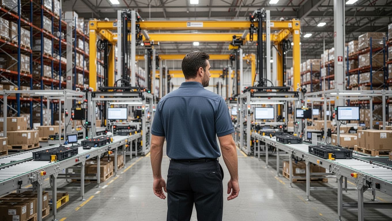 Manager viewing automated warehouse equipment and workstations from the distribution center floor.
