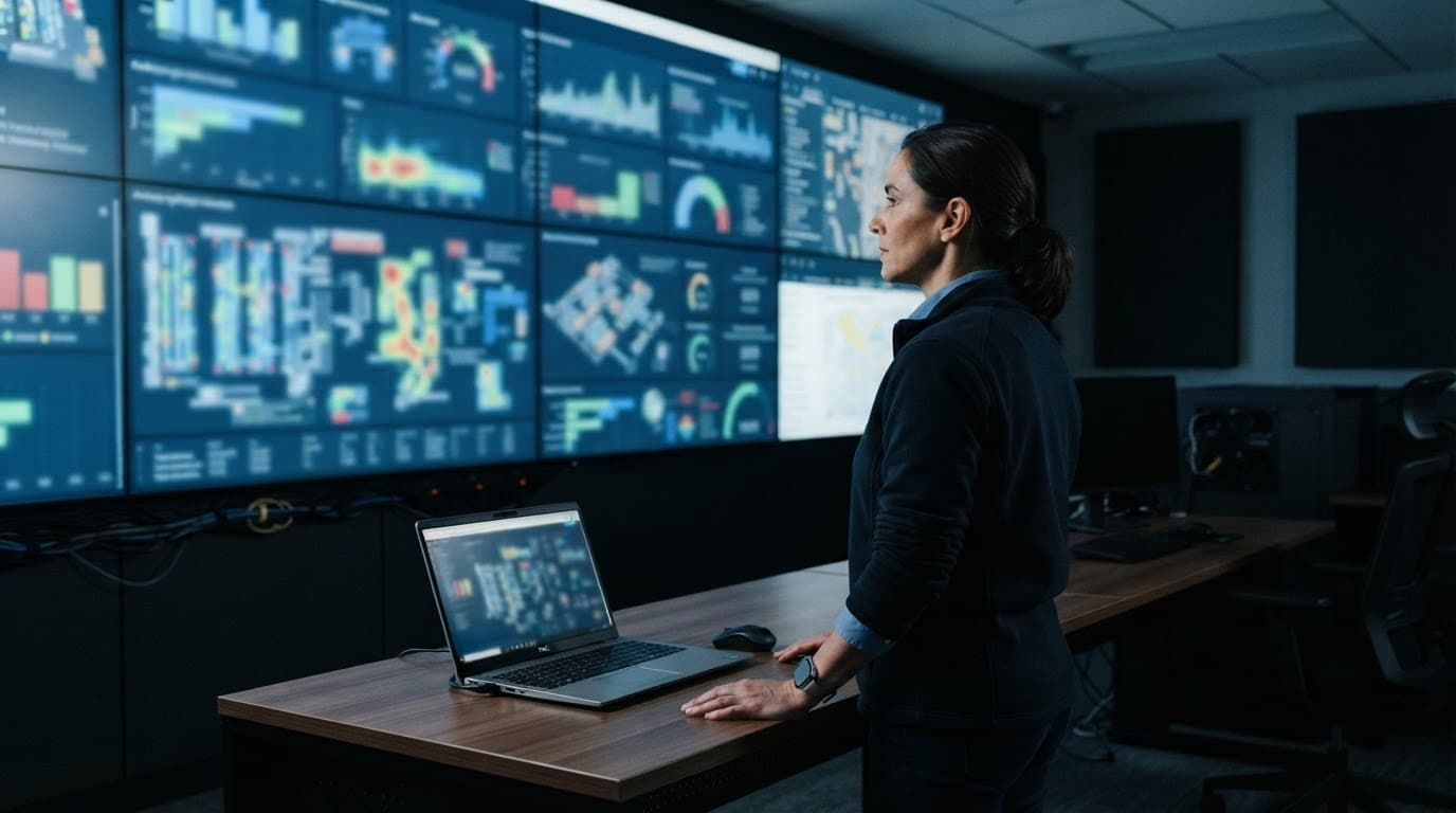A warehouse manager reviews a wall display beside a laptop in a modern control room.