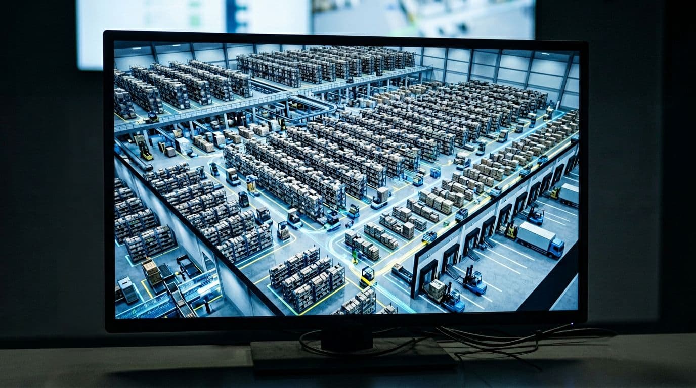 A 3D digital twin model of a warehouse layout on a computer screen in a modern control room, showing shelves, moving robots, and inventory flow with realistic rendering and screen glow in dim lighting.