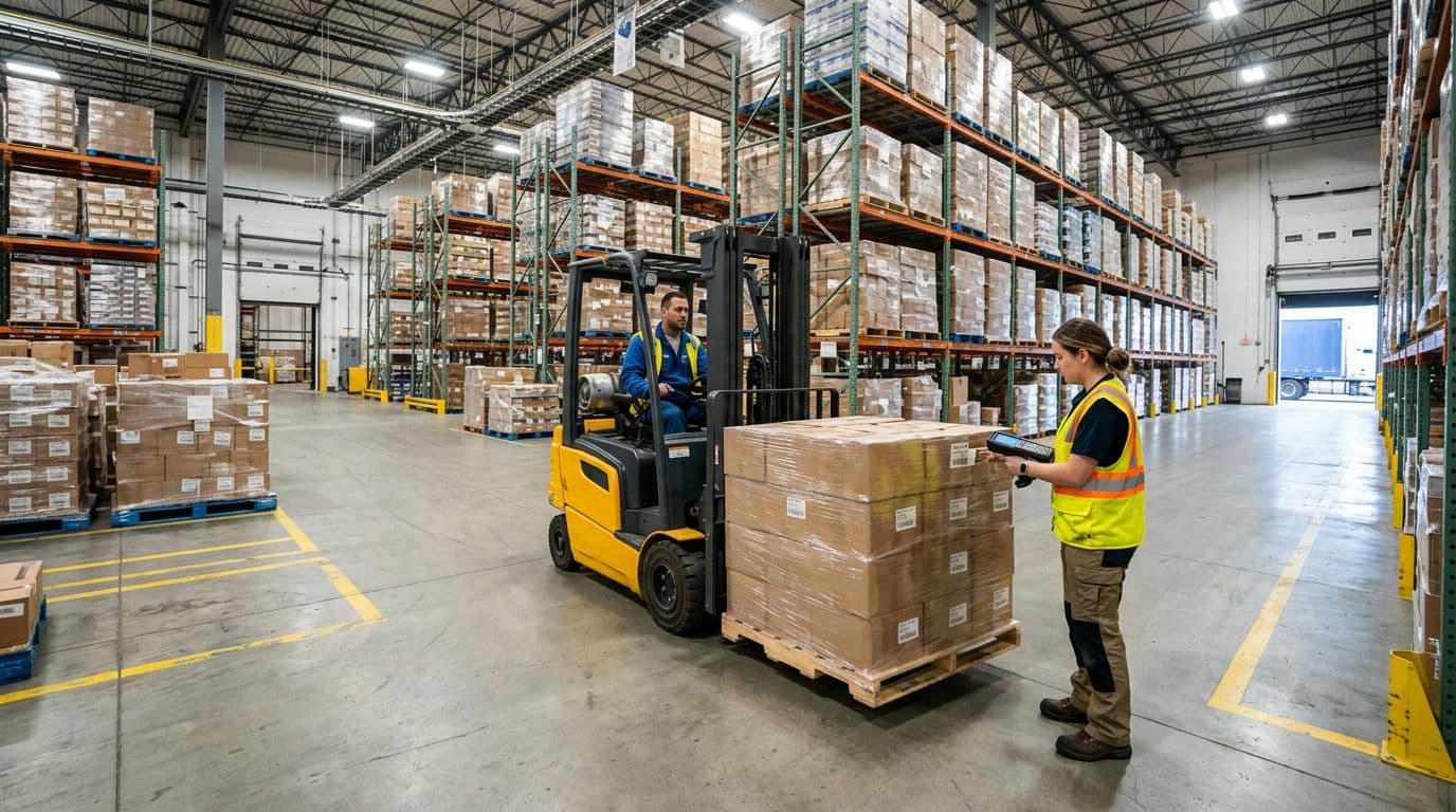 Modern warehouse dock with two workers: one on forklift carrying pallet, the other scanning barcode with handheld scanner under bright industrial lighting. Wide-angle view shows organized shelves in background, realistic photo style with no text, logos, or extra elements.