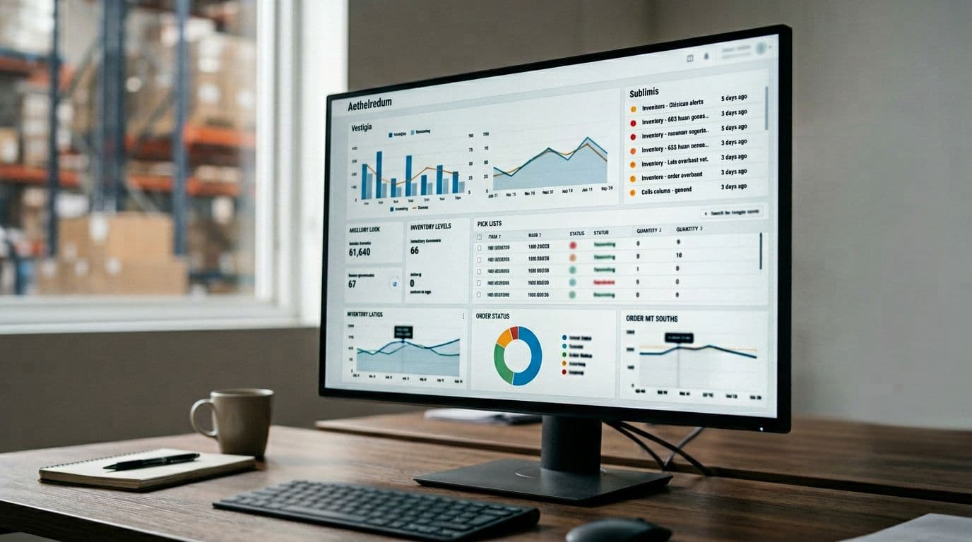 Warehouse management software dashboard on a large angled computer screen in an office, displaying blurred charts for inventory levels, stock alerts, and pick lists with soft lighting and realistic style.