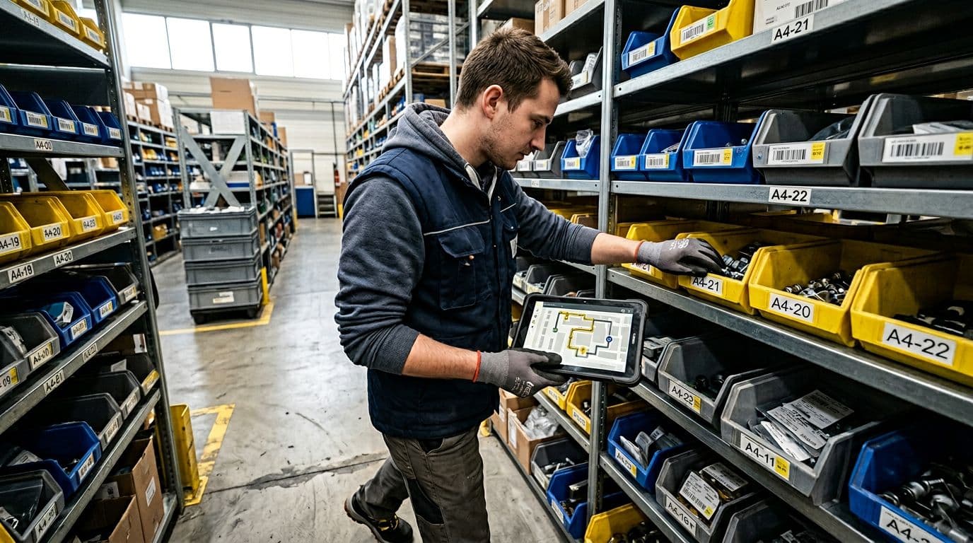 Warehouse worker picking items from labeled shelves using an optimized path shown on a mobile tablet screen in an industrial setting with natural daylight.