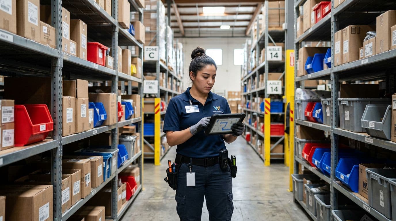A warehouse worker in uniform holds a tablet displaying a blurred highlighted guiding path for picking items from shelves in an aisle filled with bins and boxes, under natural daylight.