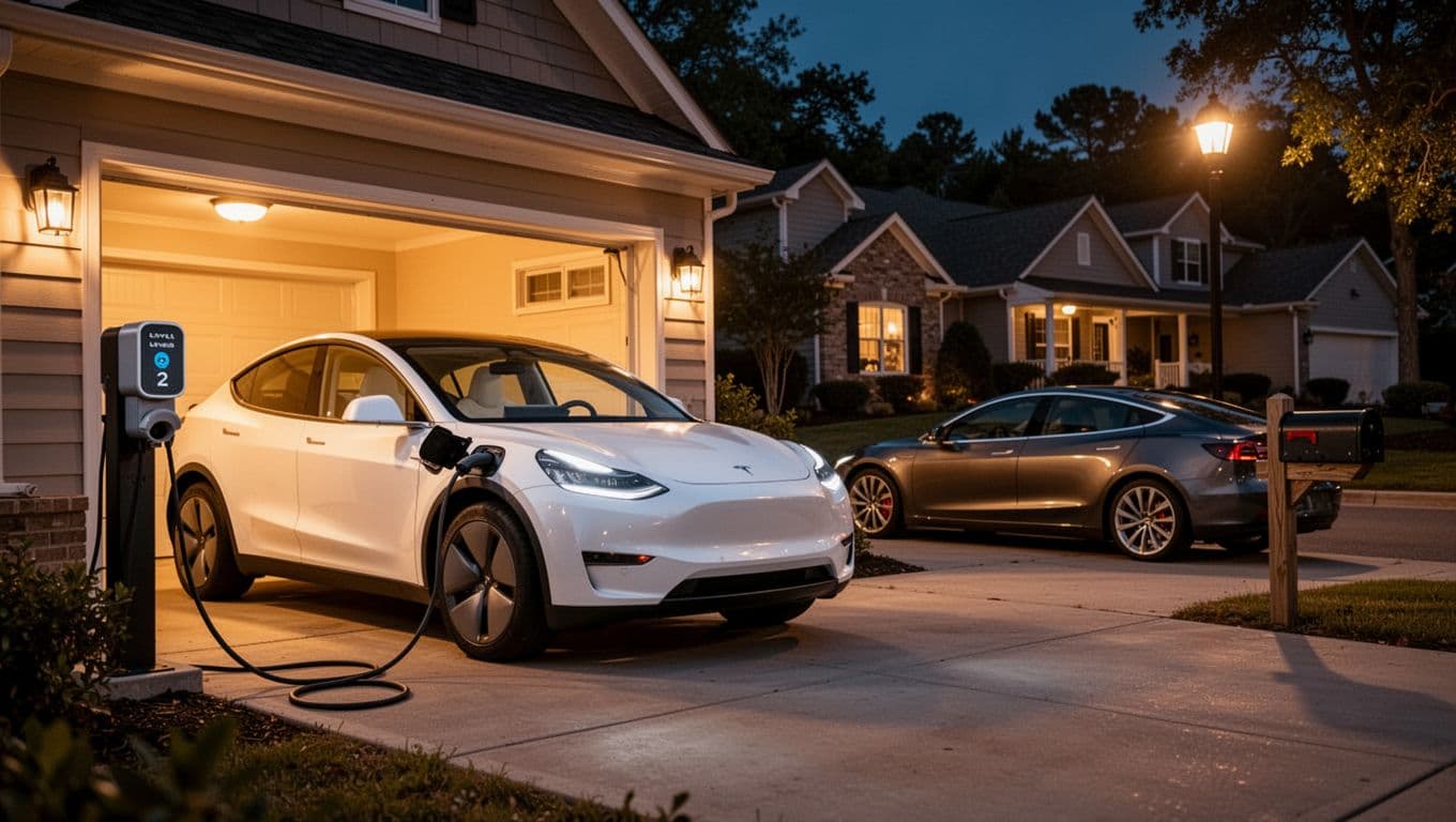 Realistic landscape photo of a white electric crossover vehicle charging at a Level 2 home charger in a suburban garage at night, with warm interior lights glowing, sleek gasoline sedan parked on driveway under streetlight, and cozy neighborhood background.