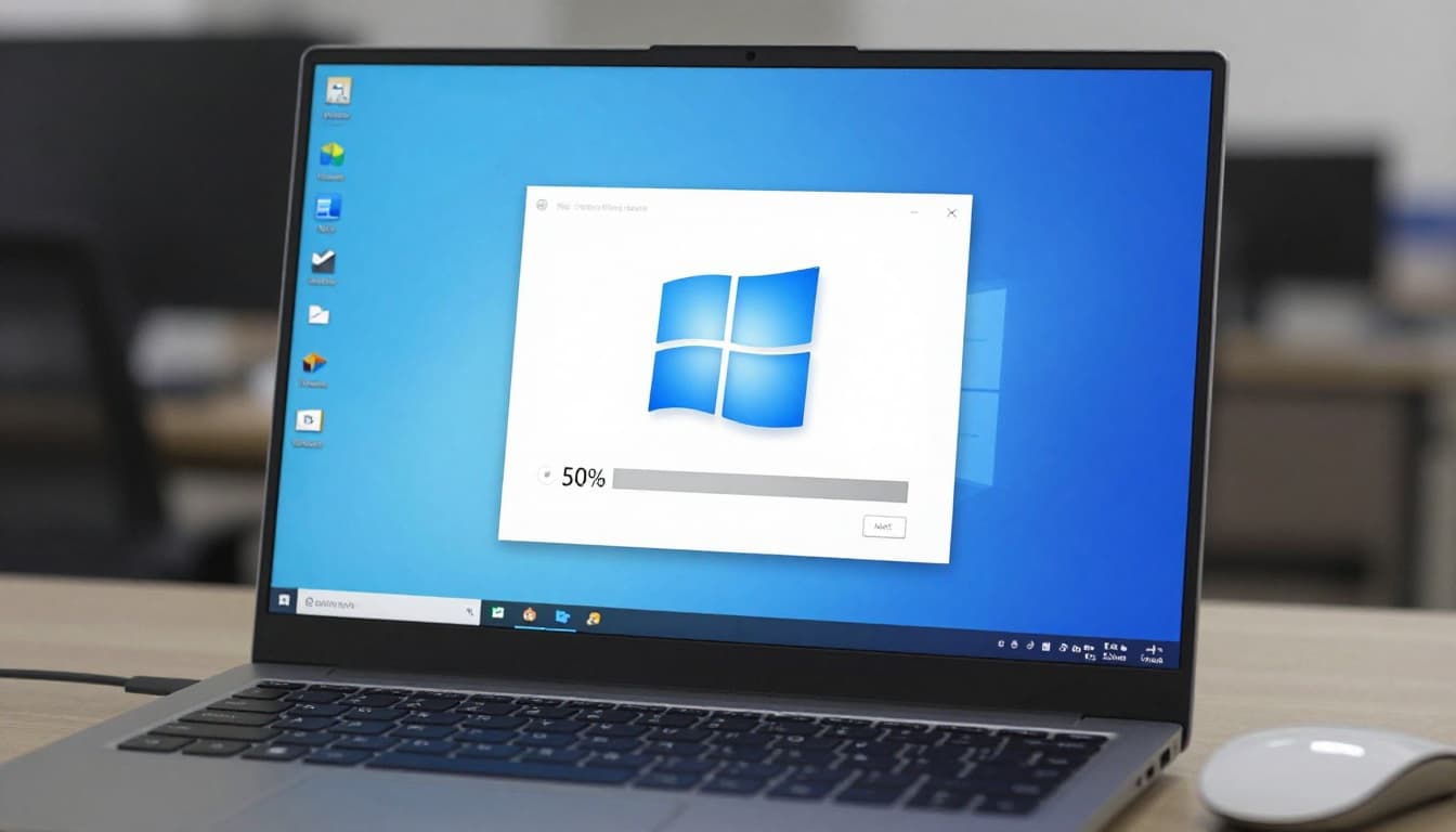 Close-up of a Windows installer window for a bandwidth app on a clean PC desktop, with 50% progress bar and simple interface, blended into an office scene featuring keyboard and mouse.