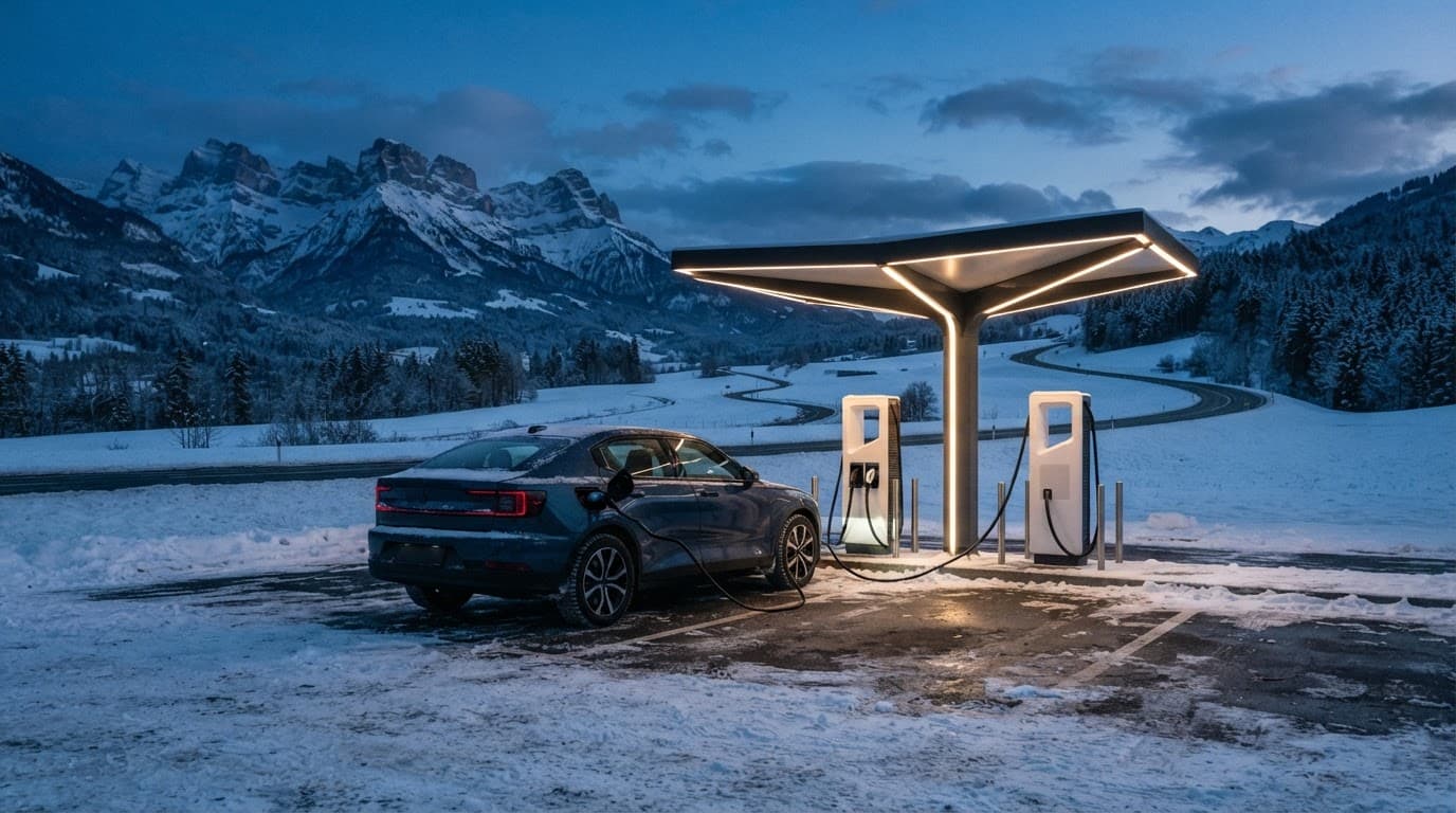 An electric vehicle charges at a snowy highway station beneath a cool winter sky.