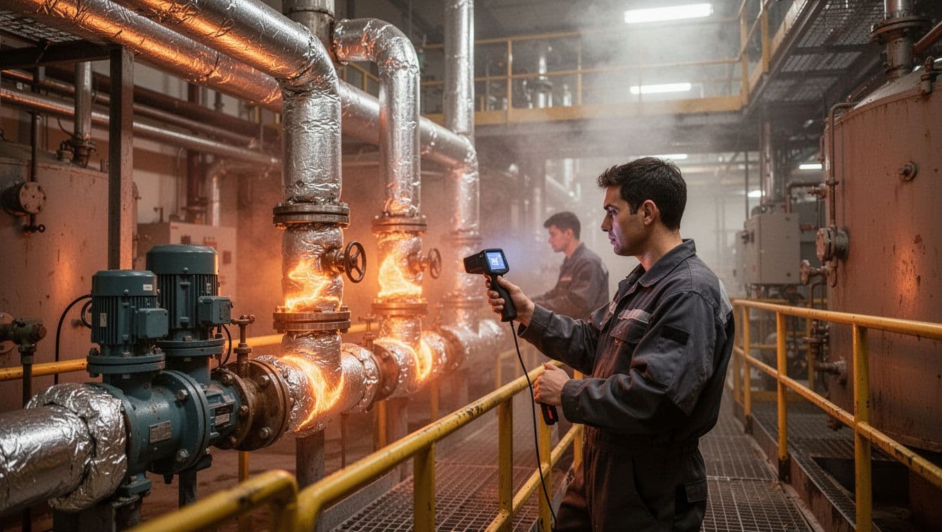 A worker tests a steam trap with an infrared thermometer in an industrial boiler room, highlighting hot spots on poorly insulated steam pipes amid steamy atmosphere and warm lighting.