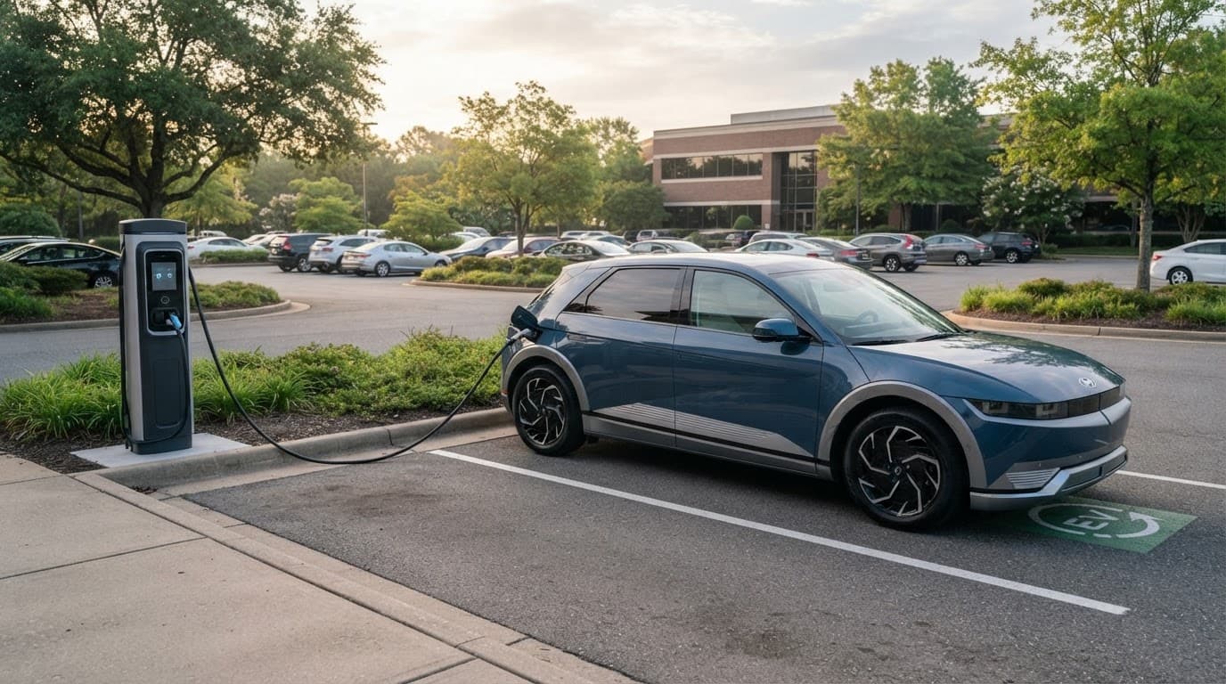 One electric vehicle charges beside a workplace parking lot in the morning.
