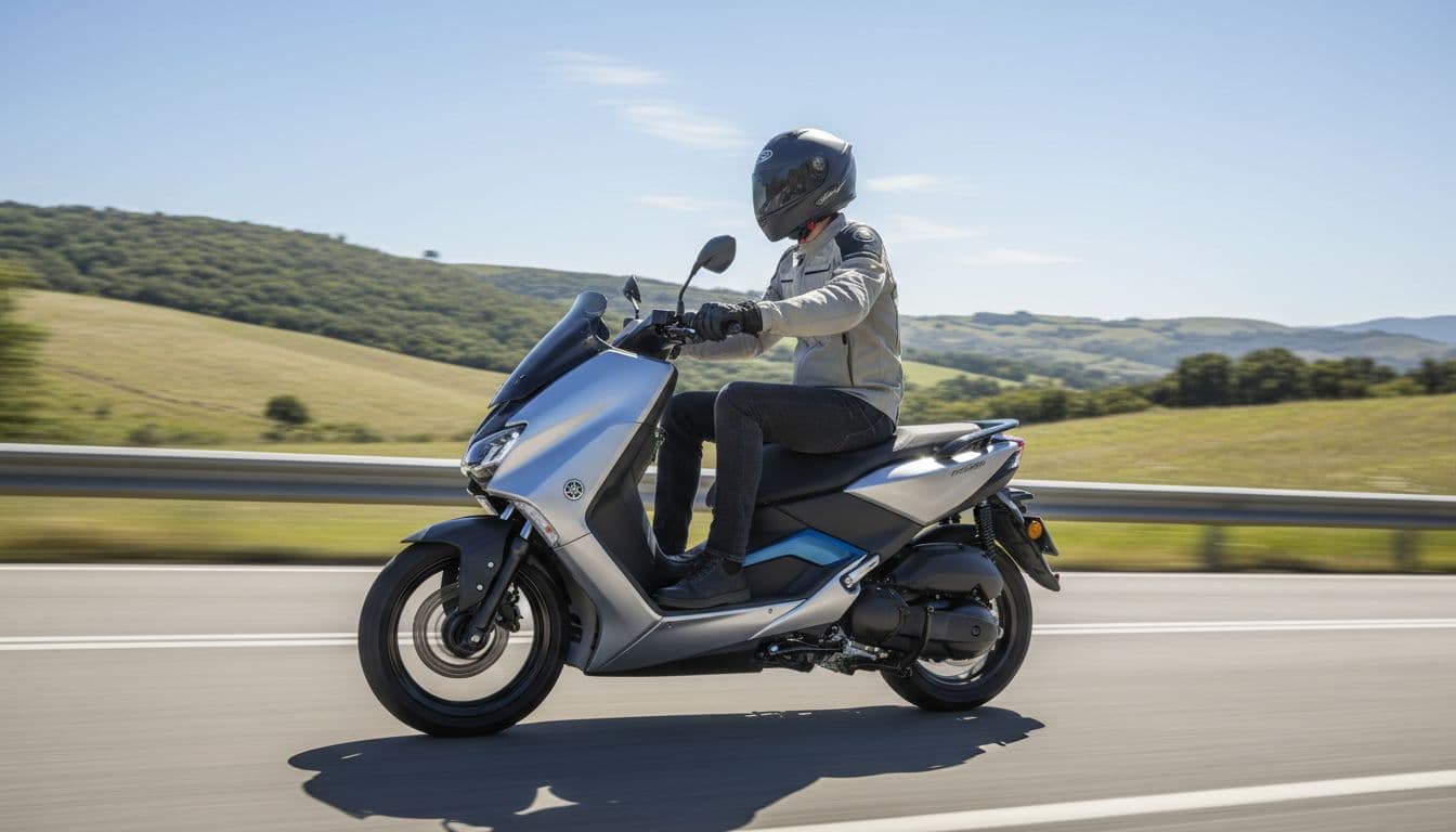Close-up side view of a helmeted rider in relaxed upright posture on Yamaha EC-06 electric scooter on a curved road in sunny hilly area, showcasing broad seat and flat floorboard for ergonomic comfort.