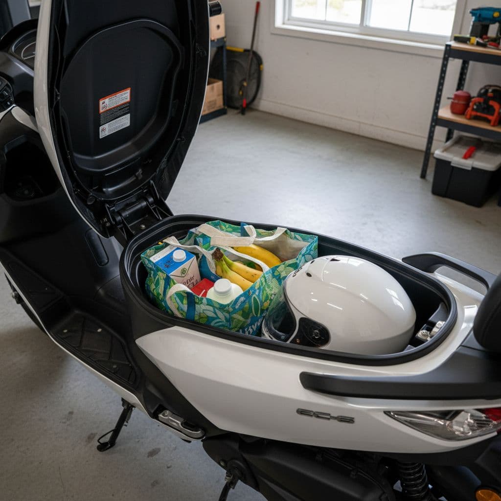 Open underseat storage of Yamaha EC-06 electric scooter with 24.5L capacity, showing everyday items like grocery bags and helmet partially fitting in the clean interior. Top-down realistic photo in a well-lit garage, highlighting practical utility for daily commutes.