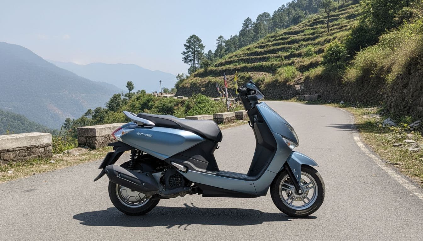 Side profile of Yamaha EC-06 electric scooter parked on a winding mountain road in India, showcasing flat lines and relaxed commuter design in bright daylight.