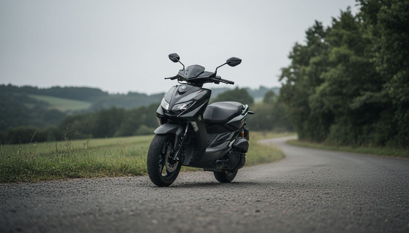 Low-angle dynamic photo of Yamaha EC-06 electric scooter cornering sharply on a twisty bumpy rural road, 14-inch wheels gripping pavement, suspension compressed, overcast sky, no rider or logos.