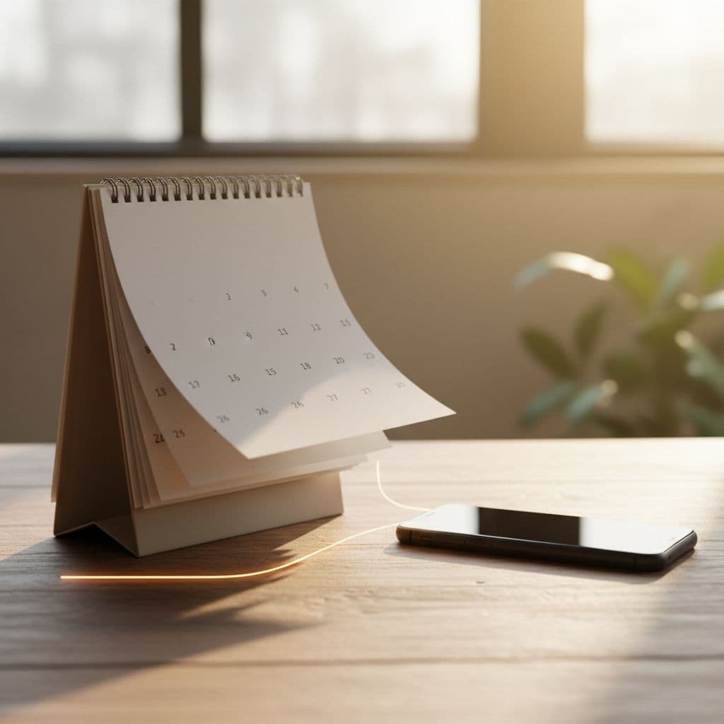 A calendar flipping through months with a mobile phone nearby on a wooden desk, symbolizing long-term yearly plan under warm sunlight in minimal composition.