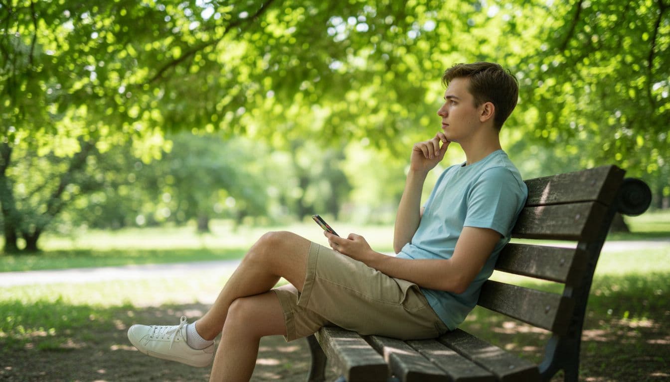 A relaxed young adult sits on a wooden park bench under green trees, thoughtfully holding a smartphone to review mobile data usage and plan options in natural sunlight.