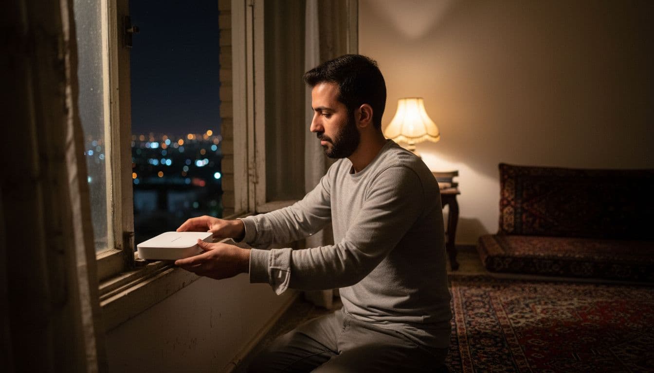 A young Iranian man carefully places a compact white Starlink satellite dish on a windowsill in a modest Tehran apartment at night, with faint city lights outside and soft indoor lighting.