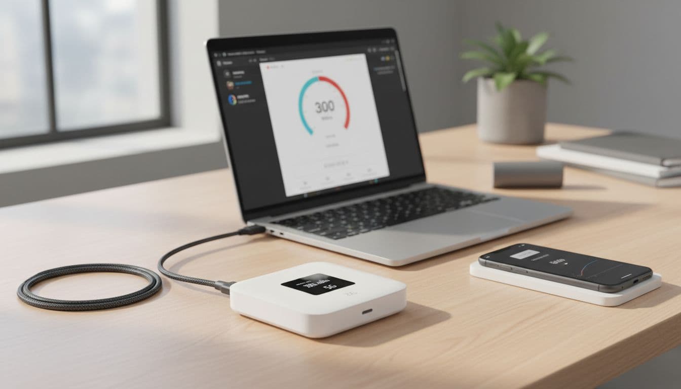 Compact ZTE F50 Pro 5G hotspot on a wooden desk next to a laptop running a speed test app showing around 300 Mbps download speeds, with a phone connected via WiFi and USB-C cable to a power bank, in a bright natural light modern workspace.