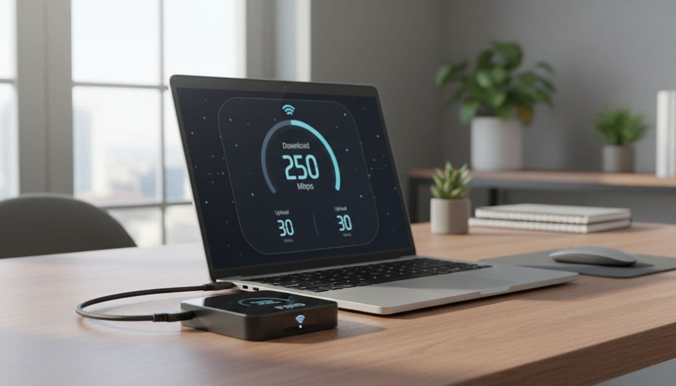 ZTE F50 Pro compact 5G hotspot on a modern desk next to an open laptop displaying a 250 Mbps download speed test, connected via USB-C cable, in a realistic office environment with natural window light.