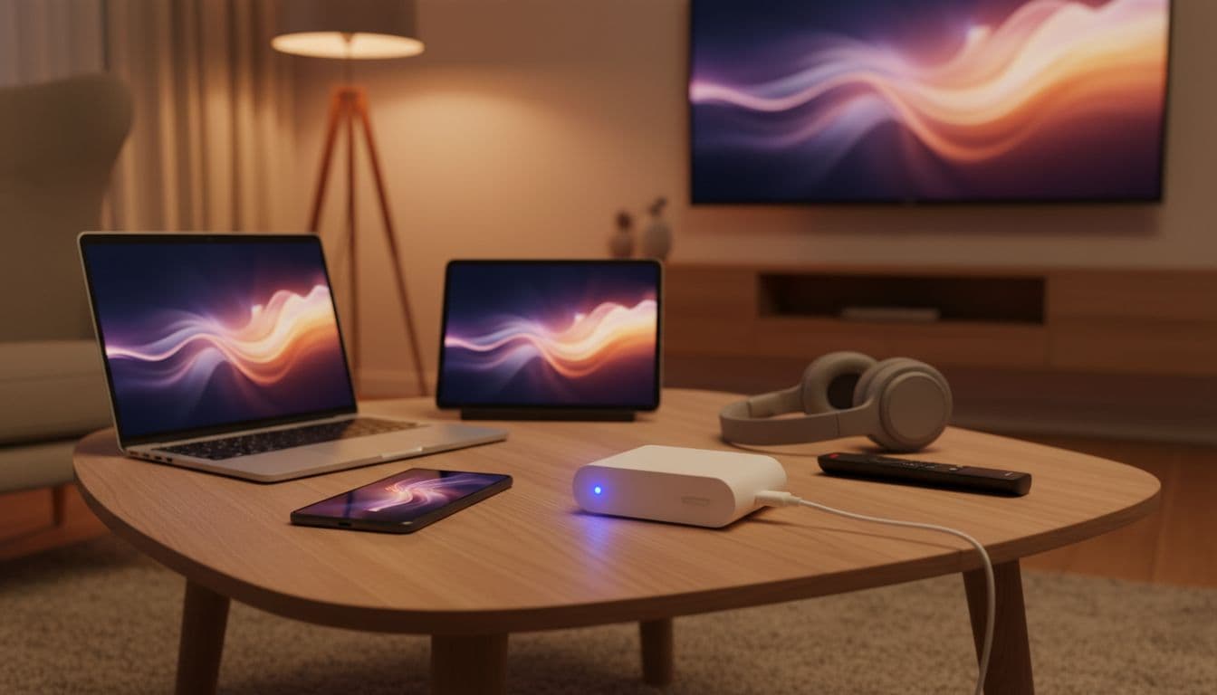 ZTE F50 Pro 5G hotspot on a coffee table surrounded by a laptop, tablet, smartphone, smart TV remote, and headphones all wirelessly connected in a warm, cozy living room with no people or text.