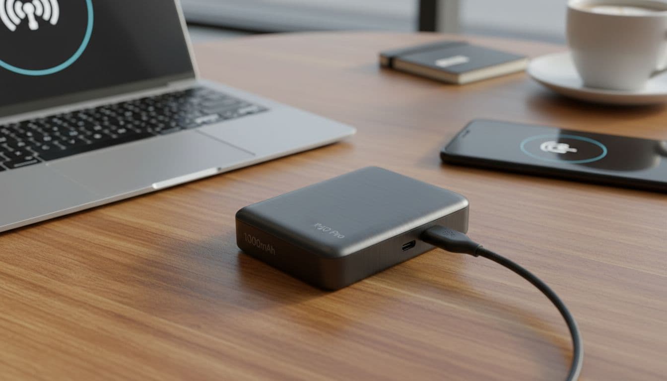 ZTE F50 Pro tiny 5G hotspot plugged via short USB-C cable into a black 10000mAh power bank on a wooden cafe table, with slim laptop and smartphone connected wirelessly in a portable travel work setup under soft natural lighting.