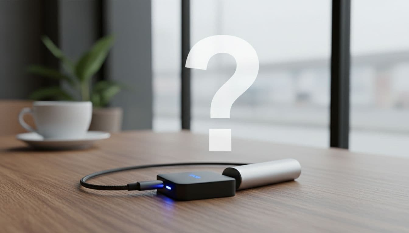 ZTE F50 Pro tiny 5G hotspot connected to USB-C power bank on a cafe table with question mark overlay symbolizing battery dependency, realistic scene in soft natural light.