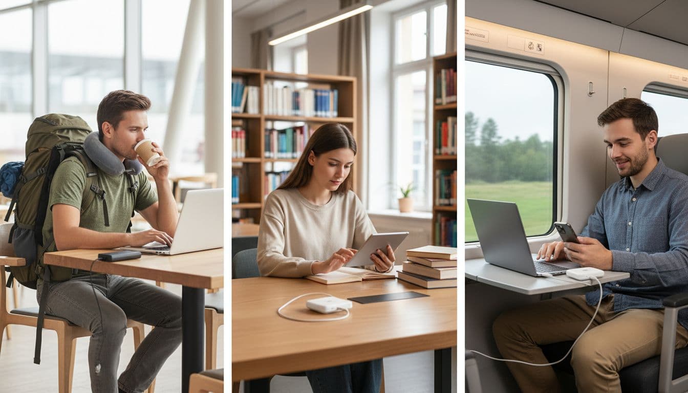 Split composition of three realistic scenes: traveler at airport cafe using ZTE F50 Pro hotspot with power bank and laptop, student in library with connected tablet, remote worker on train powering hotspot via laptop USB-C.