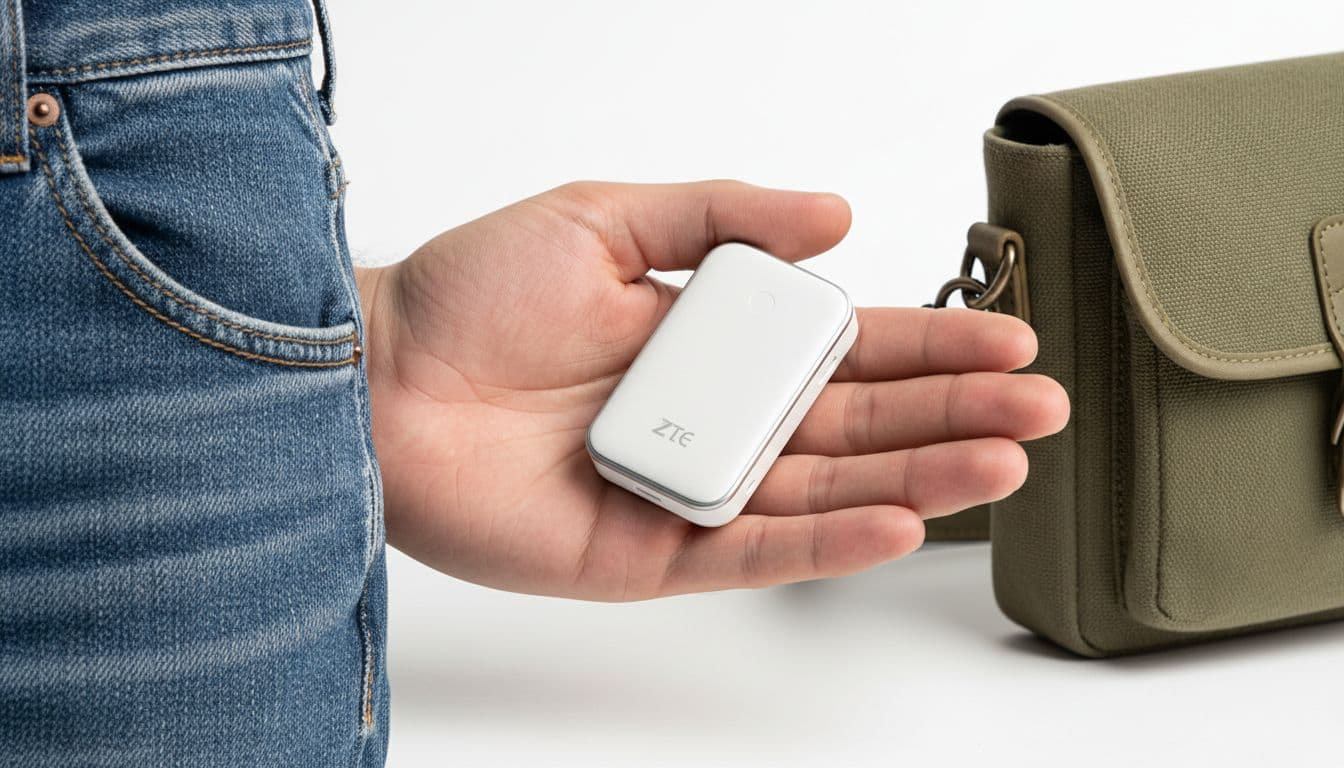 Ultra-light ZTE F50 Pro 5G hotspot weighing 56g held in one open palm next to jeans pocket for scale, emphasizing pocket-sized portability.