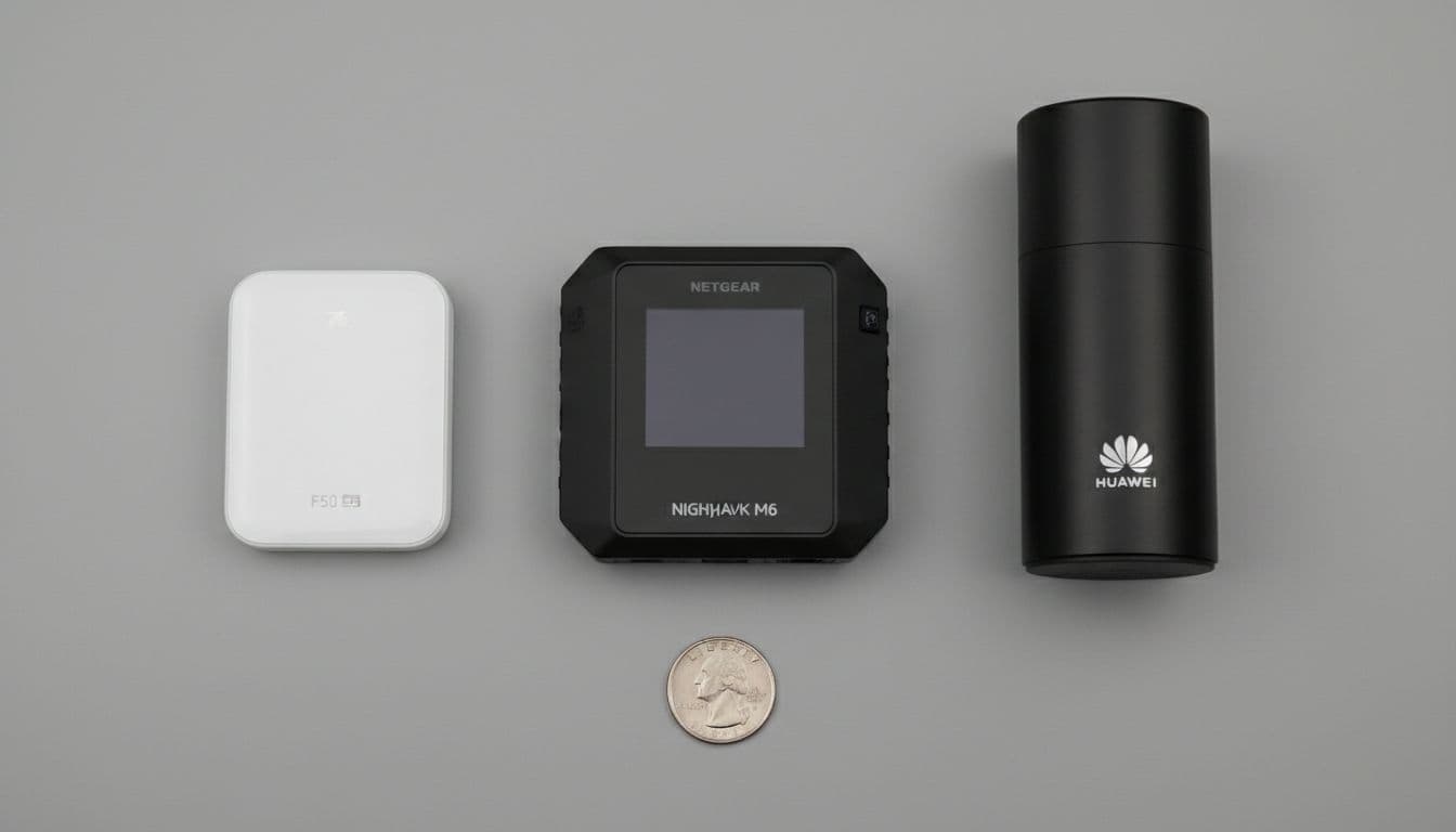 Top-down side-by-side size comparison of the tiny ZTE F50 Pro 5G hotspot next to larger Netgear Nighthawk M6 and Huawei E6883 hotspots, with a US quarter coin for scale on a neutral gray surface.