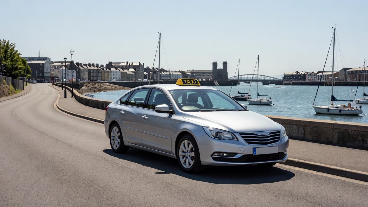 A clean, modern yellow taxi sits parked along a scenic coastal road near the harbor. The calm blue water of the quay glimmers in the bright daylight behind the vehicle.