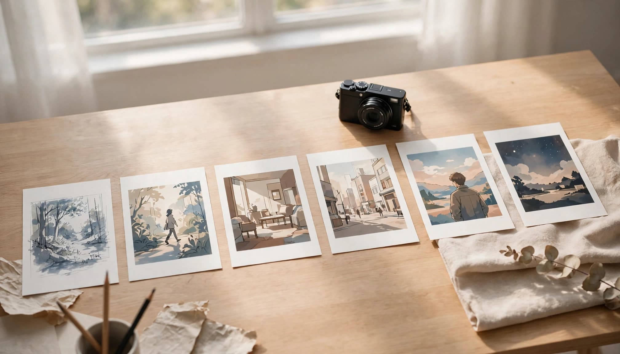 A small camera and reference cards arranged across a bright studio table.