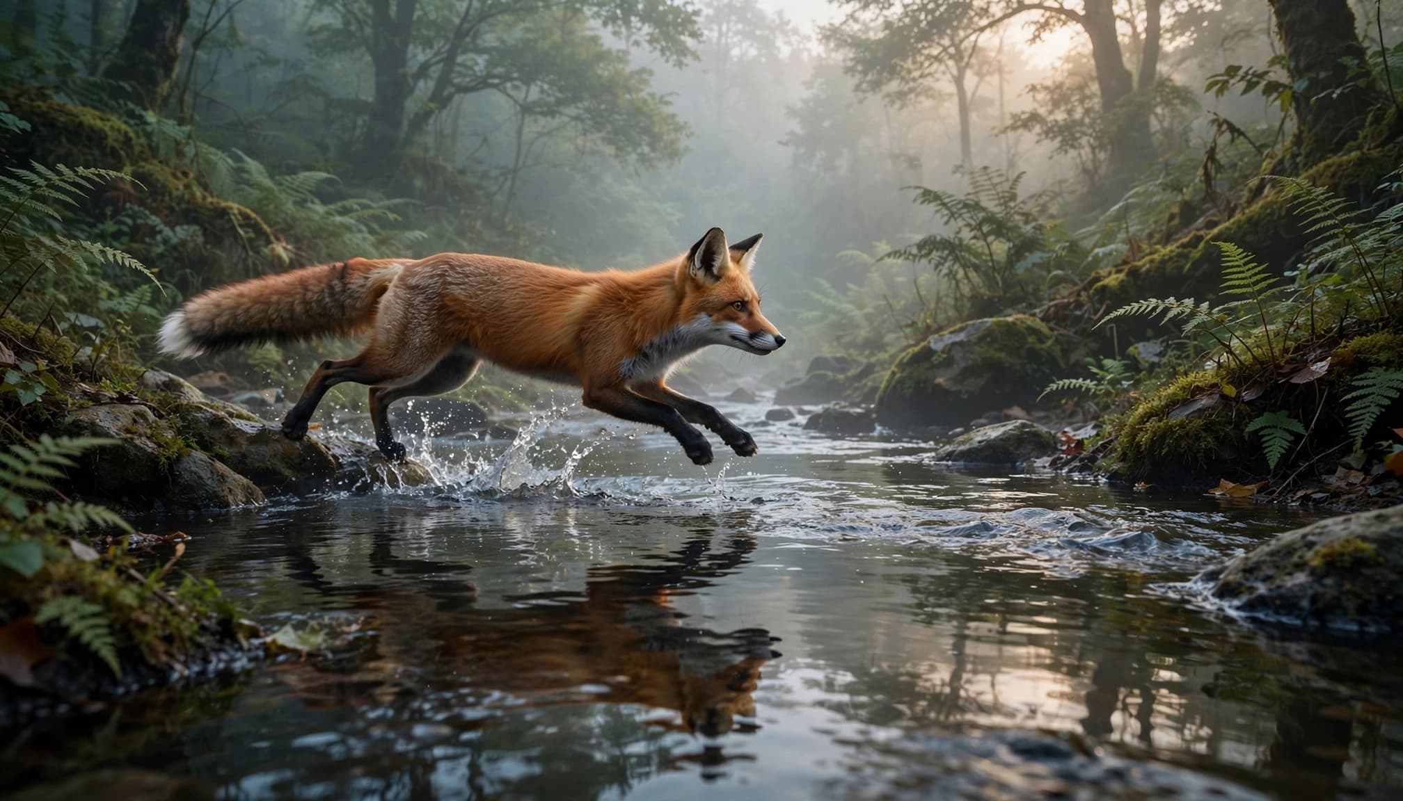 A red fox crosses a shallow stream in a misty forest at dawn.