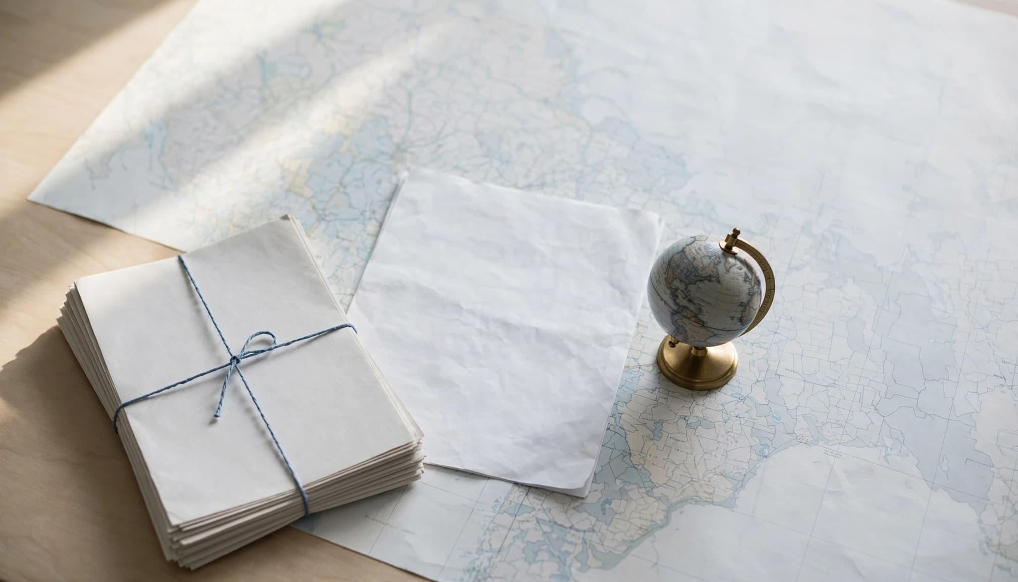 A globe, announcement page, and blank news sheets rest on a bright table.